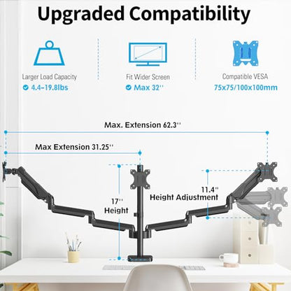 MOUNTUP Triple Monitor Mount for 17-32 inch Screens, Full Motion Triple Monitor Stand, 3 Monitors Desk Mount Holds 4.4-19.8 lbs Each, Clamp & Grommet Mounting, Black - size: Triple