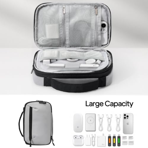TOPEAST Expandable Cable Organizer Bag, Large Capacity Tech Pouch Electronics Travel Organizer Case, Waterproof Tech Essentials Storage Bag for Men, Charger, Cord, Mouse, Office Desk, Grey
