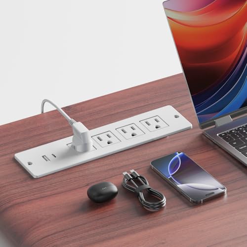 Recessed Power Strip Flush Mount Power Adapter Charging Station with USB Plug Multiple Surge Protector Hidden Outlet Extender with Extension Cord for Home Office Desk Furniture Nightstand Bed (White)