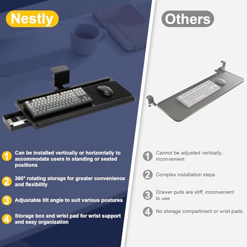 Adjustable Under Desk Keyboard Tray, 25"×10.6"360° Rotating Ergonomic Tray | Clamp On Keyboard and Mouse Tray with Drawer, Desk Mount Tray for Office Gaming Studying