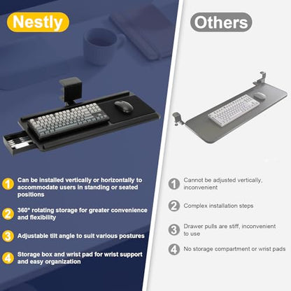 Adjustable Under Desk Keyboard Tray, 25"×10.6"360° Rotating Ergonomic Tray | Clamp On Keyboard and Mouse Tray with Drawer, Desk Mount Tray for Office Gaming Studying