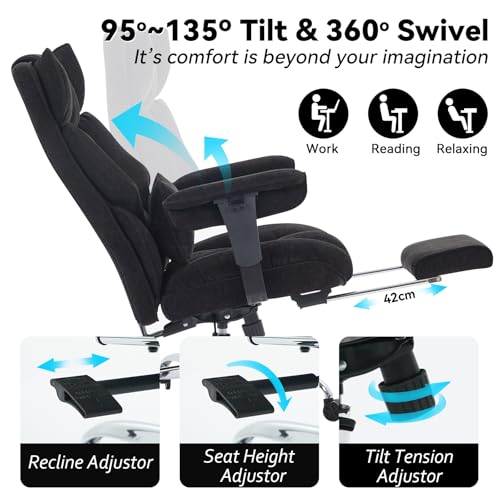 Efomao Executive Office Chair 400lbs, Black Fabric Big and Tall Desk Chair | Breathable fabric, pocket spring & foam seat, retractable footrest, 135° recline for computer gaming setup - color: 3084-black