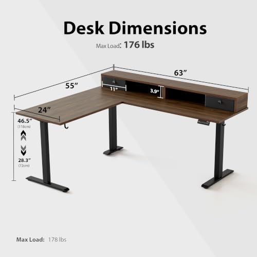 Agilestic 63 Inch L Shaped Electric Standing Desk with Drawer, Dark Walnut - color: Dark Walnut, size: 63x55.1 Inch Pro