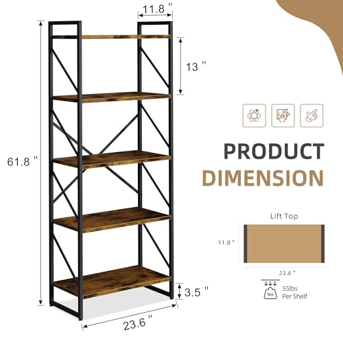 Vongrasig 5 Tier Metal Bookshelf, Narrow Industrial Bookcase, Walnut - color: Walnut
