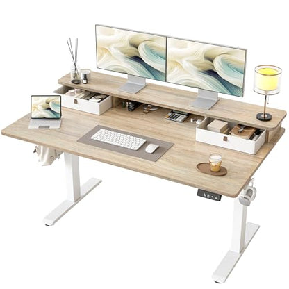 TIQLAB Standing Desk with Two Drawers, Stand Up Standing Desk Adjustable Height, Electric Sit Stand Table with Storage Shelf and Splice Board, 55 * 28 inch, Maple - color: Maple, size: 55*28 inch without keyboard tray