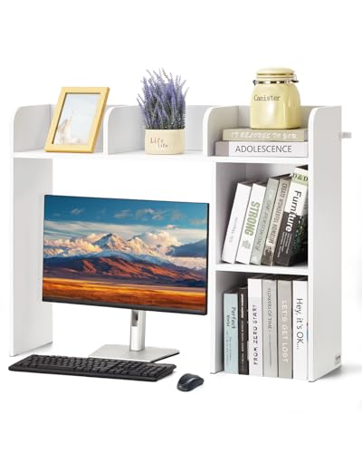VEVOR Wood Desk Shelf, Desktop Bookshelf, Desk Storage Hutch with 6 Shelves, Office Countertop Organizer 3-Tier Display Rack, with Anti-Slip Feet Pads, for Office, Home & Dorm, White - color: White, size: 5 Shelves