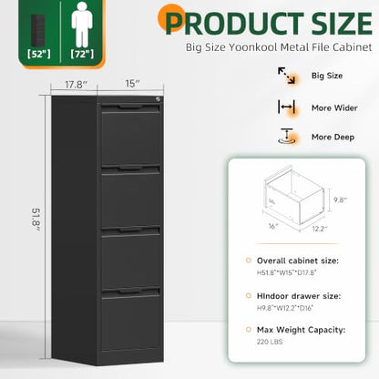 4 Drawer File Cabinet with Lock, Filing Cabinets for Home Office - color: Black, size: 4 Drawer - Vertical