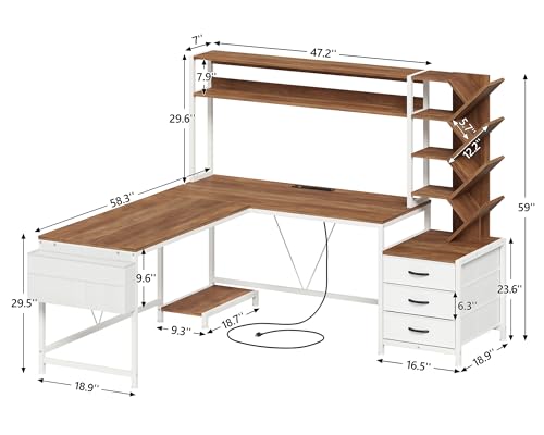 63" L Shaped Desk with Bookshelf, Drawers and Hutch for Home Office - color: Brown and White, size: 63" L Shaped Desk