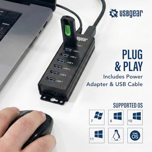 USBGear 7-Port USB Hub 3.2 Gen 1 – Mountable SuperSpeed Data Hub with USB Ports for Laptop, PC, Desktop, and More, 5V/4A Power Adapter with Type-A to Type-B Cable (3ft), Computer Accessories - style: 7 Port Hub