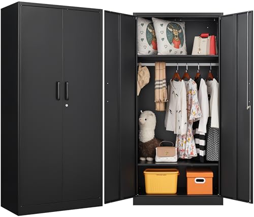 Metal Wardrobe Cabinet with Hanging Rod & Lock,Black Armoire Wardrobe Closet,Metal Clothing Storage Cabinet with Adjustable Shelves and Doors,72" Amroire Storage Cabinets for Home,Living/Laundry Room - color: Black, size: 72"H with Hanging Rod