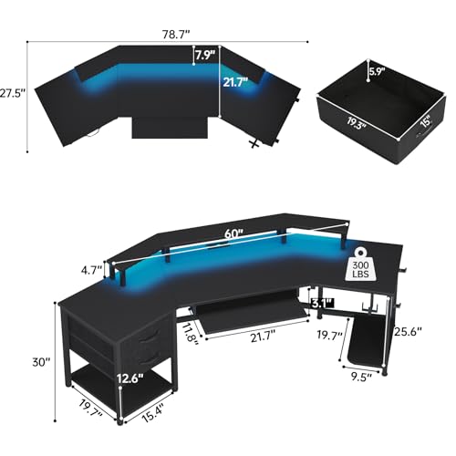 SEDETA 79" Gaming Desk with Fabric Drawers Storage, LED Light & Power Strip | Carbon Fiber Black Long Computer Desk with Monitor Stand, Keyboard Tray, CPU Shelf, CUP Holder, Hooks for Work, Writing - color: Carbon Fiber Black
