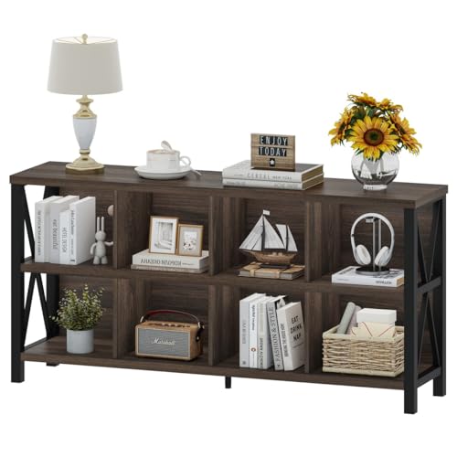 8 Cube Storage Organizer Bookshelf, 62 Inch Rustic Wood Horizontal Bookcase, Farmhouse Cube Long Book Shelf, TV Console Stand for Living Room (Dark Walnut) - color: Dark Walnut