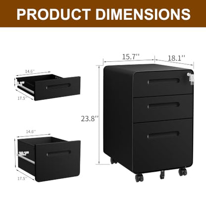 3 Drawer Mobile File Cabinet with Lock, 4 Keys and 25 Letter File Folders | Heavy-Duty Steel Rolling Filing Cabinet Pre-Assembled Under Desk for Home Office Letters/Legal/A4 Hanging File Folders - color: Black, size: 23.8"H*15.7"W-3 Drawers(25 letter fold