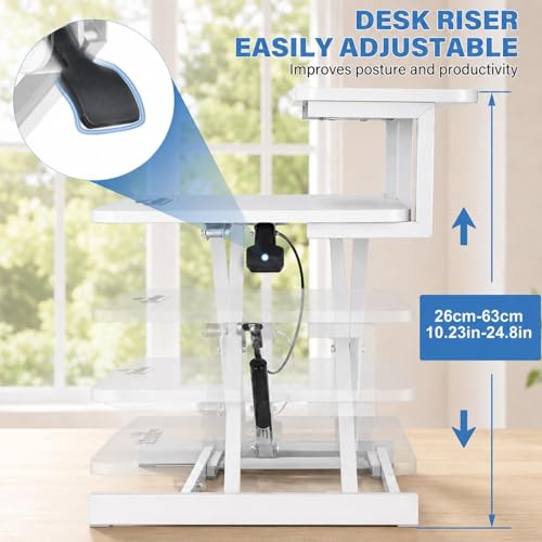 37" Height Adjustable Standing Desk Converter, 4.9" to18.5 Height Adjustable Sit Stand Up Desk Riser with Secondary Desks, Desktop Workstation Riser for Home Office Computer Laptop, White - color: White