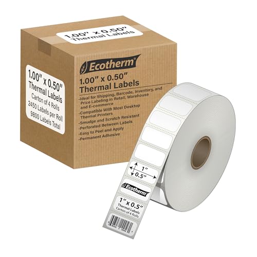 1" x .5" Thermal Labels | 4 Rolls | 2,450 Labels/Roll | 9,800 Total | fits Zebra, Munbyn, Rollo, Godex, Arkscan, iDPRT, Offnova Thermal Printers | Blank White Adhesive Stickers by Ecotherm - size: 1 x .5 White - 9800 Labels