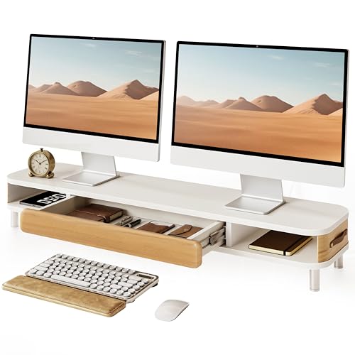 Fenge Dual Monitor Stand with Large Storage Drawer, 42.5" Dsek Shelf, White | Slide-Out Drawer, Ergonomic Monitor Riser, Aluminum leg, 2-Tier Desk Organizer for Laptop, TV, PC - color: White