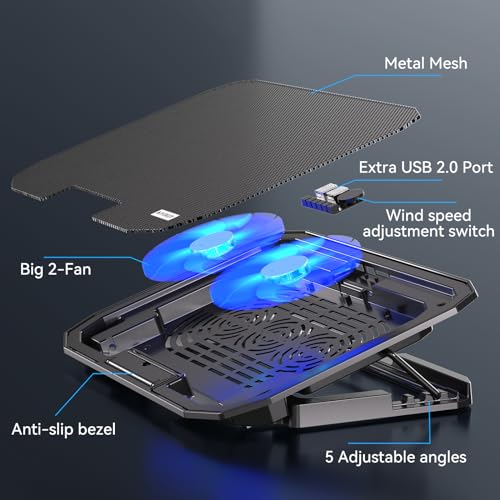 KYOLLY Ultra Slim Laptop Cooling Pad with 2 Quiet Big Fans, 5 Height Adjustable Ergonomic Stand, Portable Cooler for 10-15.6 Inch Laptops, Speed Control and 2 USB Ports