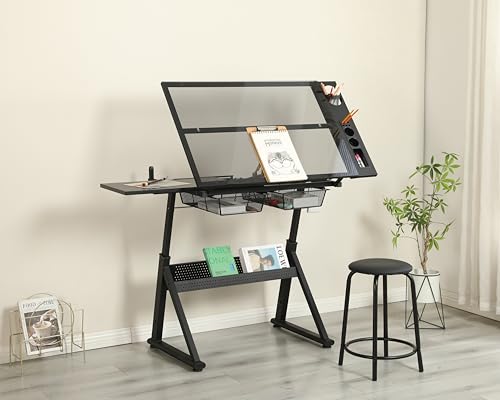 Hand Crank Lifting Drawing Table Black Tempered Glass Metal Workstation, 0-70° Tilt Adjustable Drafting Printing Desk with Metal Drawers & Support Chair for Indoor Study Bedroom Living Room