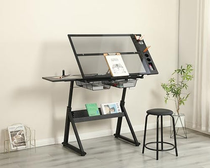 Hand Crank Lifting Drawing Table Black Tempered Glass Metal Workstation, 0-70° Tilt Adjustable Drafting Printing Desk with Metal Drawers & Support Chair for Indoor Study Bedroom Living Room