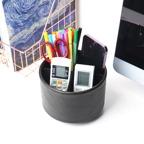Round Leather Art Supply Organizer,Remote Control Holder,360 Degree Spinning,Multi-Functional Pencil Holder,4 Compartments Desktop Stationary Organizer(1-Crazy Black) - color: 1-Crazy Black