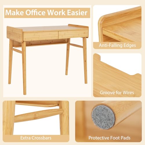 Tangkula Bamboo Mid Century Desk with 2 Storage Drawers, Home Office Study Writing Desk with Shelf & Cable Management Groove, Home Office Desk for Working & Learning (Natural) - color: Natural