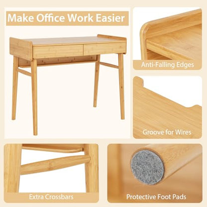 Tangkula Bamboo Mid Century Desk with 2 Storage Drawers, Home Office Study Writing Desk with Shelf & Cable Management Groove, Home Office Desk for Working & Learning (Natural) - color: Natural