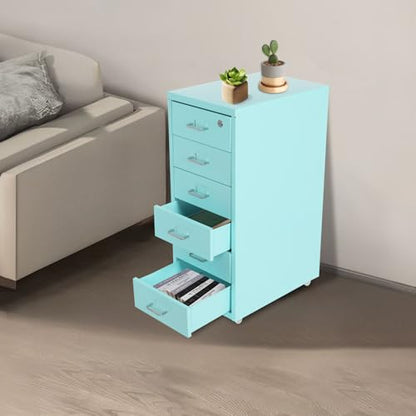 6 Drawers File Cabinet with Lock Rolling Mobile Filing Cabinet with Wheels Under Desk Vertical Filing Cabinet for Office/Home Metal (Light Blue) - color: Light Blue