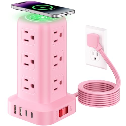 Extension Cord with Multiple Outlets, SMALLRT Outlet Extender with 12 AC Outlets 4 USB, 6.5FT Power Strip Tower for Home Office Supplies, Pink - color: Pink, size: 6.5 Ft with wireless charging