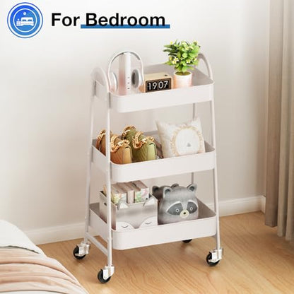 OLIXIS Metal 3 Tiers Rolling Storage Utility Cart with Lockable Wheels - color: White, size: 3-Tiered 17 inches