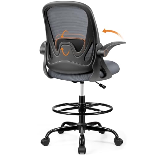 Drafting Chair Tall Office Chair with Flip-up Armrests, Adjustable Height, Enhanced Lumbar Support Ergonomic Rolling Stool, Back Support, Adjustable Foot Rest Ring for Standing Desk Dark Gray - color: Dark Gray, size: 934W-Z