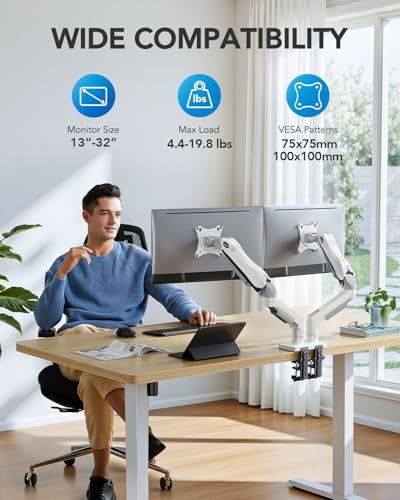 HUANUO Dual Monitor Stand - Full Adjustable Monitor Desk Mount Swivel Vesa Bracket with C Clamp, Grommet Mounting Base for 13 to 32 Inch Computer Screens - Each Arm Holds 4.4 to 19.8lbs - White - color: White, size: 13-32 Inch