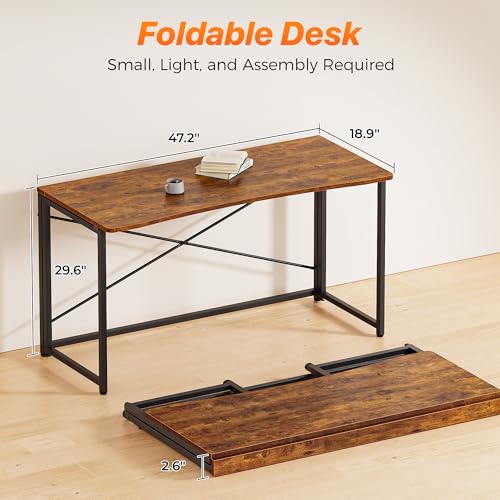 Huuger Folding Desk for Small Spaces, 47.2 Inch Foldable Computer Table - color: Rustic Brown, size: 18.9"D x 47.2"W