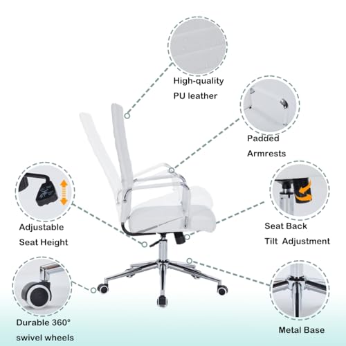 White Leather Ribbed Office High-Back Desk Conference Chairs with Wheels | Ergonomic High-Back Executive Chairs with Wheels Adjustable Swivel Computer Task Desk Chair with Arms and Thick Padded Seat - color: White, size: High Back