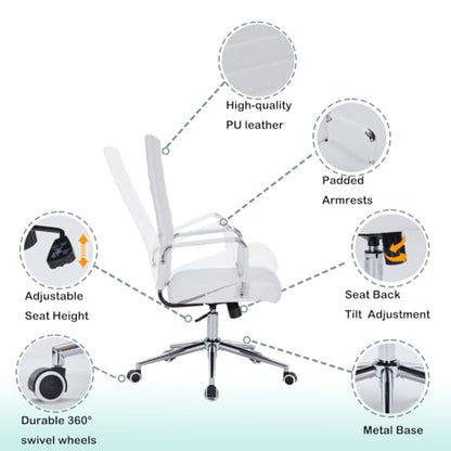 White Leather Ribbed Office High-Back Desk Conference Chairs with Wheels | Ergonomic High-Back Executive Chairs with Wheels Adjustable Swivel Computer Task Desk Chair with Arms and Thick Padded Seat - color: White, size: High Back