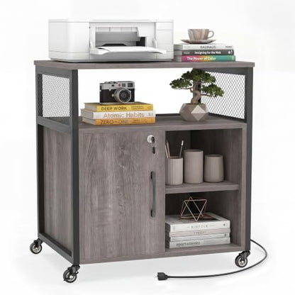 Rolling File Cabinet, Printer Stand with Charging Station (Grey) | Mobile Lateral Filing Cabinet | Adjustable Shelf & Metal Frame | Lockable Wheels | For Home Office & Small Space - color: Grey