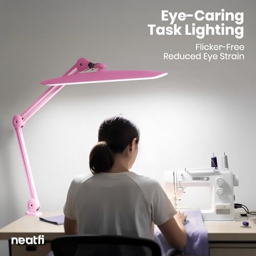 Neatfi XL 2200 Lumens 24W LED Desk Lamp – Shadow-Free Task Lighting | 4-Level Dimming | Home Office & Crafts Use | 20-Inch Wide Head (Pink, Non-CCT with Clamp) - color: Pink, size: Non-CCT with Clamp