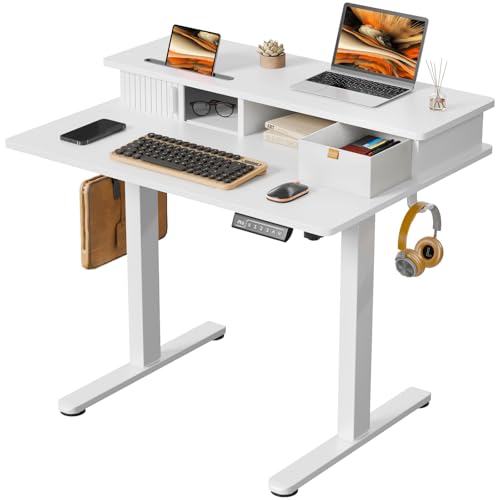 JOY worker 35" Small Electric Standing Desk with Monitor Stand & Storage | White 35" x 25" Height Adjustable Desk for Tight Space, Shutter Door & Drawer, Sit Stand Table with 2 Hooks for Home Office - color: White, size: 35inch