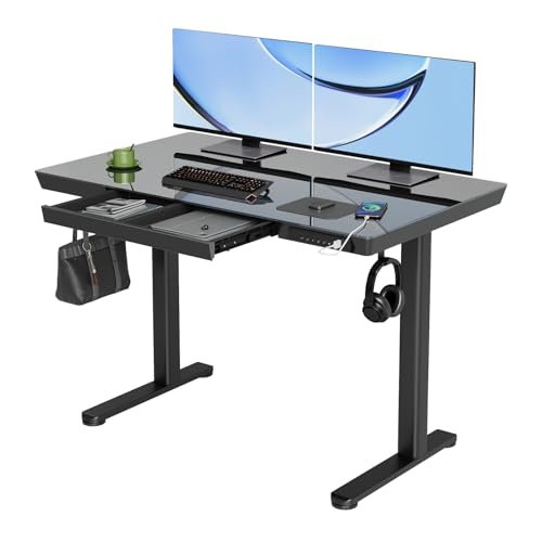YDN Glass Standing Desk with Drawers, 48x24 Inch, Black | Quick Install, Whole-Piece Glass Top, USB ports and a Type-C port, Buil in Drawers, Writable Glass Top, 2 Hooks - color: Black, size: 48inch