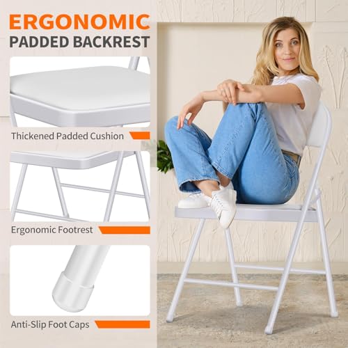 Fenbeli 2 Pack Padded Folding Chairs with Cushion, White PU Leather Foldable Chairs for Dining, Balcony & Spare Guest Pair, 330-Pound Heavy-Duty Steel Frame, Auto-Lock Hinge, Wipe-Clean, Folds Flat - color: White, size: Set of 2