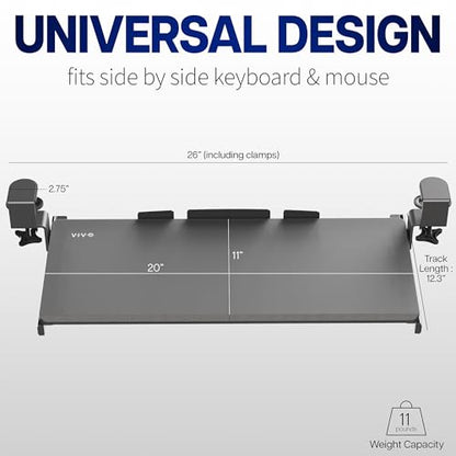 VIVO Small Keyboard Tray, Under Desk Pull Out with Extra Sturdy C Clamp Mount System, 20 Inches (26 Inches Including The Clamps) x 11 Inches Slide-Out Platform Computer Drawer for Typing, Black, | Keyboard Tray for Typing, Slide Out Platform, Extra Sturdy