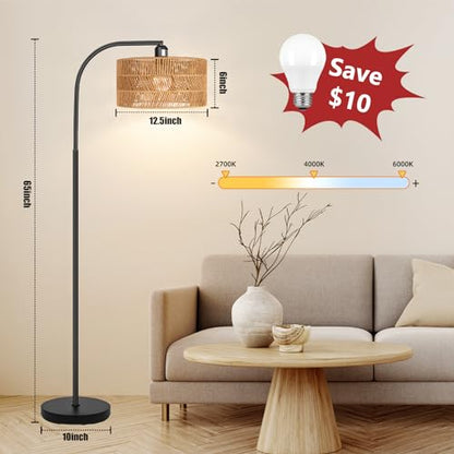 Brilvibera Boho Floor Lamp for Living Room with Remote Control | Rattan Standing Lamps with Dimmable Bulb, Adjustable Rattan Lamp Shades Bohemian Over Couch Lamps for Bedroom, Office - style: Modern-Black