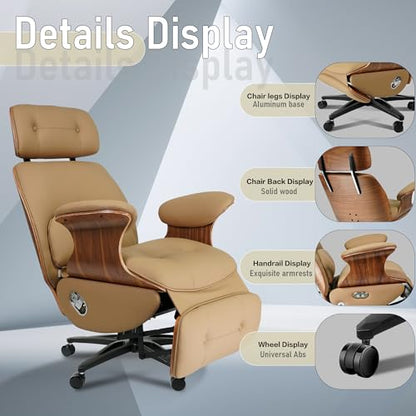 Ergonomic Leather Office Chair,Electric Recline/Footrest/Massage | 90-135° recline, footrest, 3-level massage, S-curve support, fits 5'3-6'1, solid wood, all-day comfort for home office,brown - color: Brown