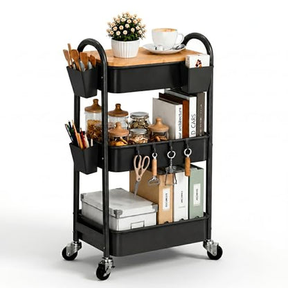3 Tier Metal Heavy Duty Rolling Cart with Wheels & Wood Table Top, Black | Three-Tiered Organizer on Wheels, Storage Utility Cart for Craft, Art, Diaper Caddy, Baby Nursery, Office, Laundry,Snack,Book - color: Black