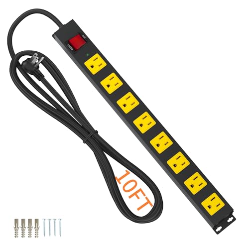 8 Outlet Metal Heavy Duty Long Power Strip, 2100J Surge Protector with 10 FT Extension Cord, Wide Spaced and Wall Mount Powerstrip for Home, Industrial, Workshop & Garage (10FT) - size: 10FT