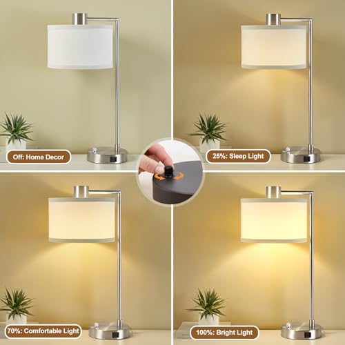 Silver Table Lamp Set of 2, Dimmable Bedside Lamps for Night Stand, USB A+C | Nightstand Lamp with Linen Lampshade, 2 LED Bulbs Included, Desk Lamp for Bedroom, Living Room, End Table, Reading , Office - color: Silver