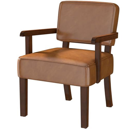FAGAGA Faux Leather Accent Chair, Mid-Century Armchair with Wood Frame | Upholstered Living Room Chair, Comfy Reading Chair for Bedroom, Waiting Room, Home Office, Easy Assembly, Brown - color: Faux Leather Brown, size: One Chair