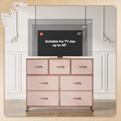 WLIVE 7 Drawer Dresser TV Stand, Entertainment Center, Media Console Table with Metal Frame and Wood Top for TV up to 45 inch, Chest of Drawers for Bedroom, Living Room, Pink - color: Pink