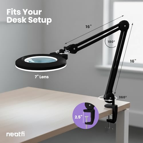 Neatfi XL Bifocal LED Magnifying Lamp, 7” Acrylic Lens, 2.25X/6X Magnification, 1,600 Lumens Dimmable | Hands-Free Close Work | Crafting, Jewelry & Reading (Black, 7-inch Lens, Non-CCT with Clamp) - color: Black, size: 7-inch Lens, Non-CCT with Clamp