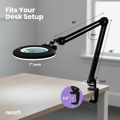 Neatfi XL Bifocal LED Magnifying Lamp, 7” Acrylic Lens, 2.25X/6X Magnification, 1,600 Lumens Dimmable | Hands-Free Close Work | Crafting, Jewelry & Reading (Black, 7-inch Lens, Non-CCT with Clamp) - color: Black, size: 7-inch Lens, Non-CCT with Clamp