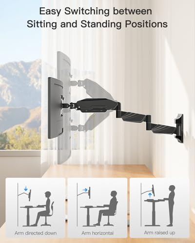 Long Arm Monitor Wall Mount for Max 32 inch Computer Screen, Extra Long Adjustable Single Wall Mount Monitor Arm, Full Motion Vesa Wall Bracket 100x100, Hold up to 17.6lbs, Black - size: Single Wall Mount